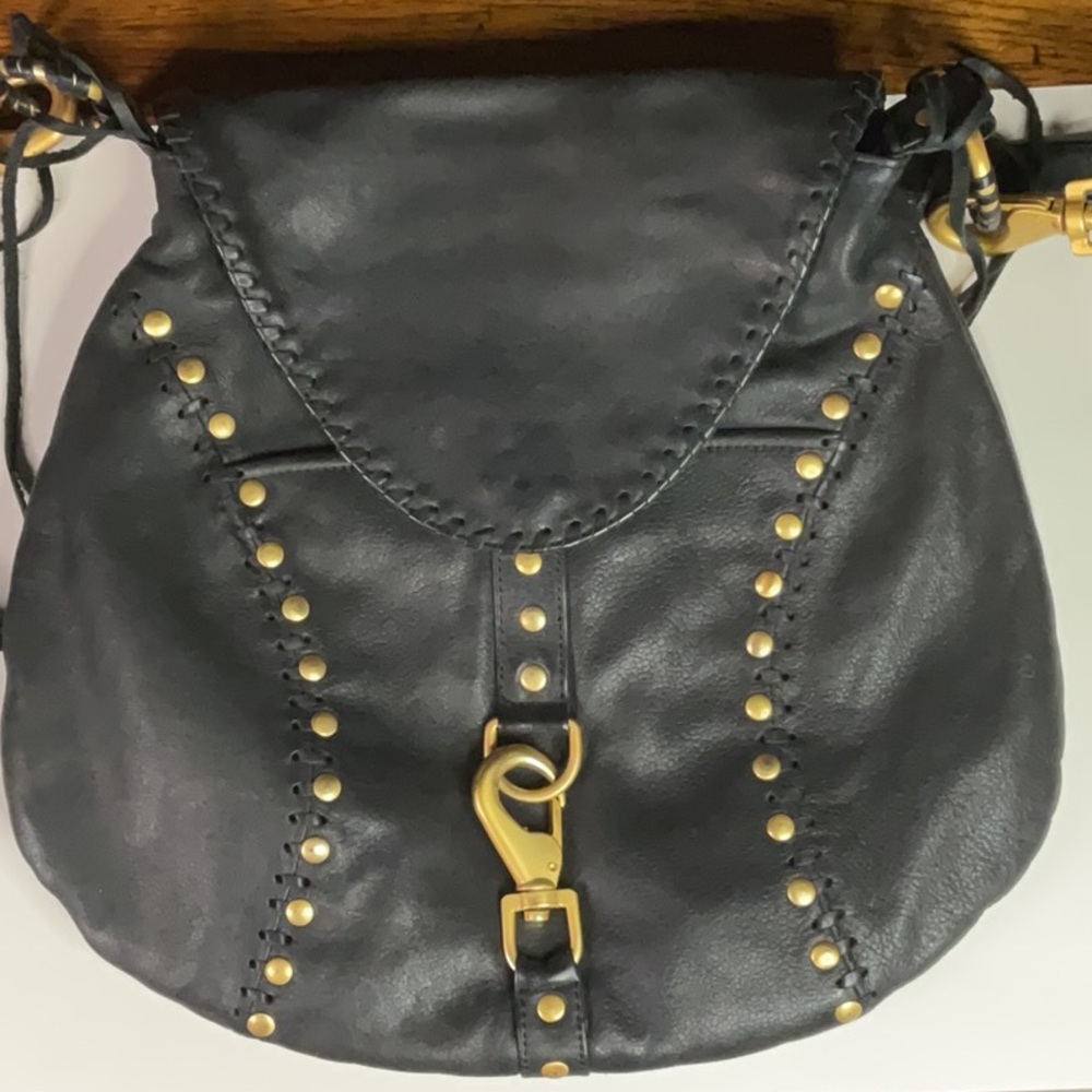 Elegant Black and Gold genuine leather Crossbody Bag with Studded Details
